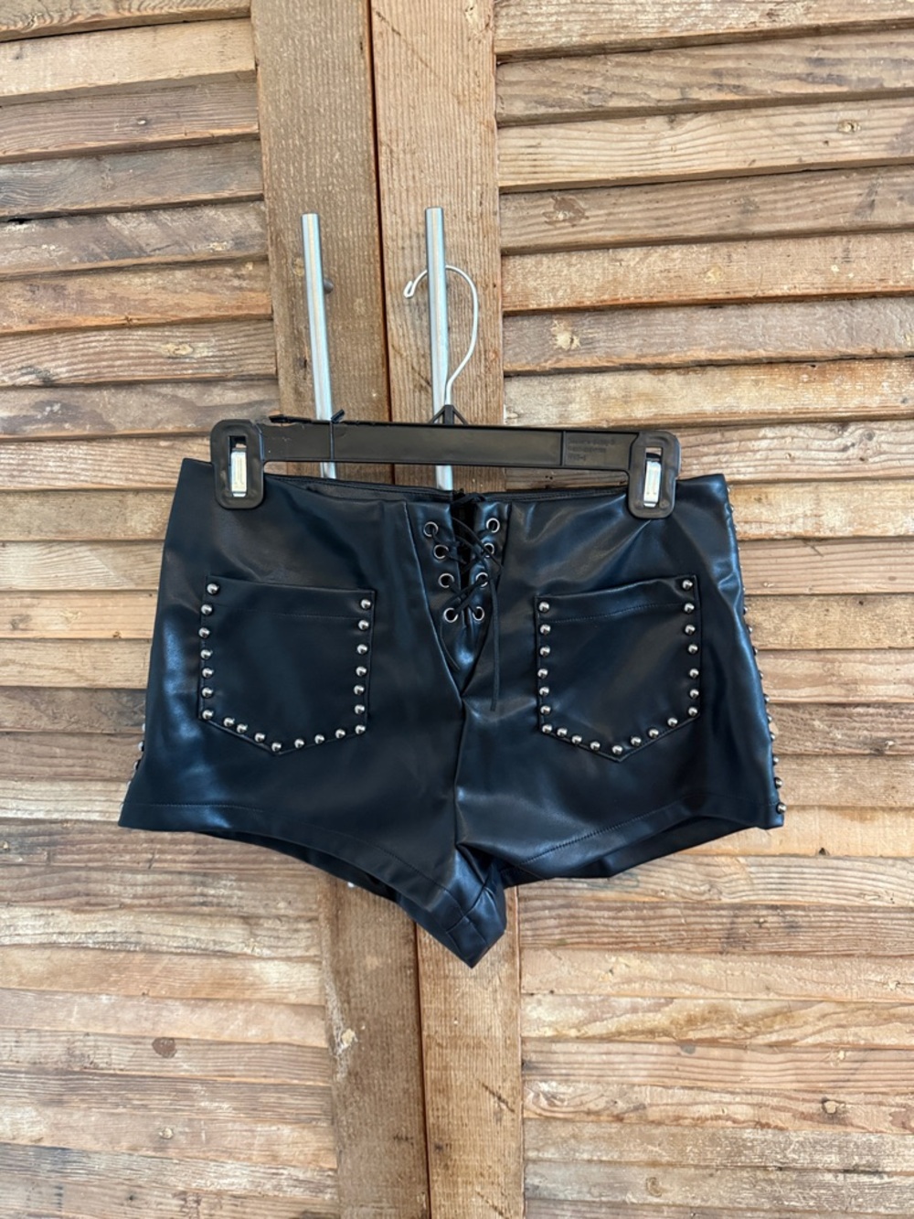 Ecote Black Faux Leather High-Waist Lace-Up Stud Pocket Shorts